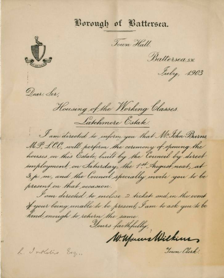 Invitation to opening of estate A letter from the Borough of Battersea, dated July 1903, written in calligraphy, entitled Housing of the Working Classes: Latchmere Estate