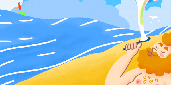 lgbtqfa2_1 An illustration of a beach and sea. A figure sits on the sand, a surfer is visible on the waves.