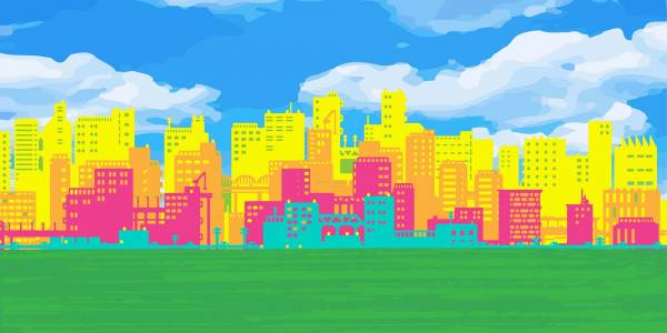 Free Up Festival A brightly coloured city scape in blue yellow and pink sits above a green park.